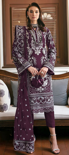 Purple and Violet color Salwar Kameez in Georgette fabric with Embroidered, Thread work