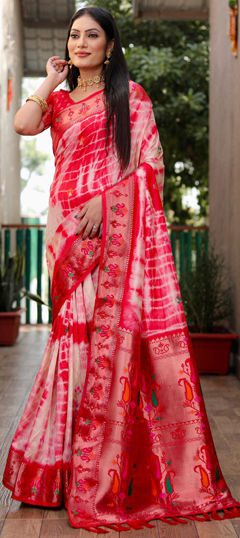 Pink and Majenta, White and Off White color Saree in Art Silk fabric with Printed, Tye n Dye, Weaving work