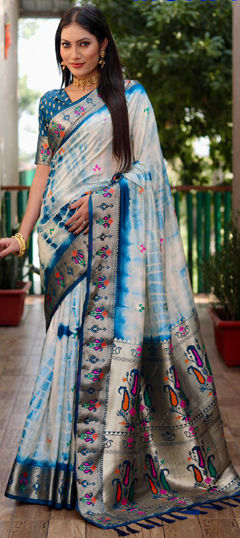 Blue, White and Off White color Saree in Art Silk fabric with Printed, Tye n Dye, Weaving work