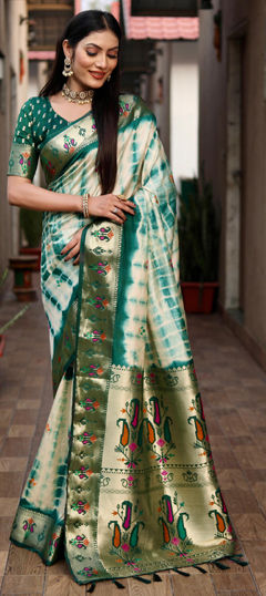 Green, White and Off White color Saree in Art Silk fabric with Printed, Tye n Dye, Weaving work