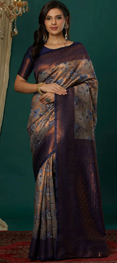 Beige and Brown, Blue color Saree in Art Silk fabric with Weaving work