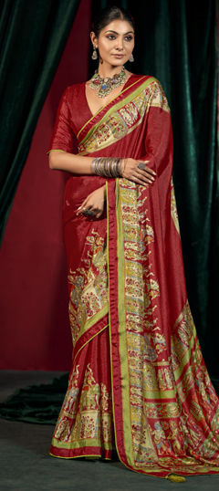 Red and Maroon color Saree in Art Silk fabric with Printed work