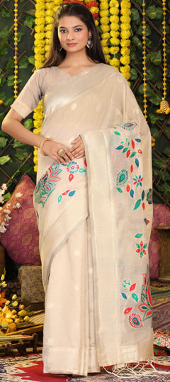 Beige and Brown color Saree in Cotton, Linen fabric with Printed work
