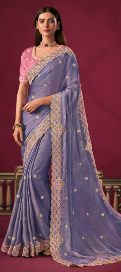 Purple and Violet color Saree in Silk fabric with Embroidered, Thread, Zari work