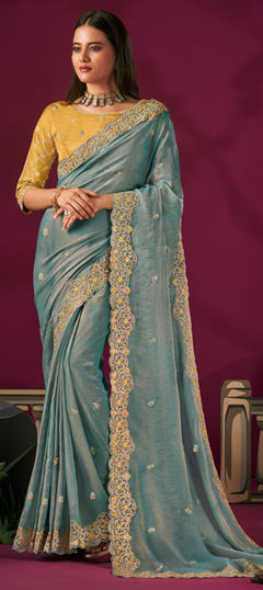 Green color Saree in Silk fabric with Embroidered, Thread, Zari work