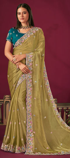 Gold color Saree in Silk fabric with Embroidered, Thread, Zari work