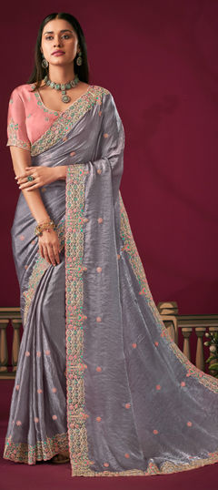 Black and Grey color Saree in Silk fabric with Embroidered, Thread, Zari work