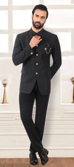 Black and Grey color Jodhpuri Suit in Rayon fabric with Broches work