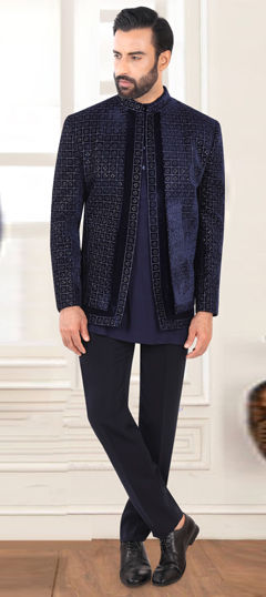 Blue color Jodhpuri Suit in Velvet fabric with Valvet work