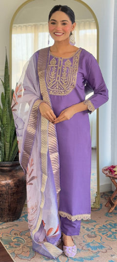 Purple and Violet color Salwar Kameez in Rayon, Viscose fabric with Embroidered work