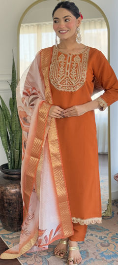Orange color Salwar Kameez in Rayon, Viscose fabric with Embroidered work