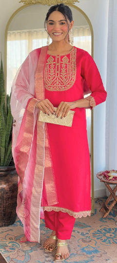 Pink and Majenta color Salwar Kameez in Rayon, Viscose fabric with Embroidered work
