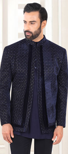 Blue color Blazer in Velvet fabric with Embroidered, Sequence work