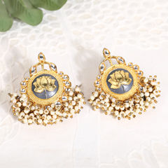 Gold Rodium Polish Blue color Earrings in Brass studded with Pearl