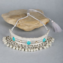Gold Rodium Polish Blue color Necklace in Brass studded with Pearl