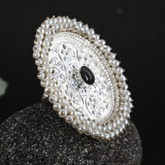 Gold Rodium Polish Blue color Ring in Brass studded with Pearl