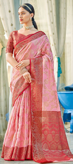 Pink and Majenta color Saree in Cotton, Linen fabric with Weaving work