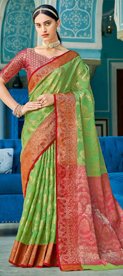 Green color Saree in Cotton, Linen fabric with Weaving work