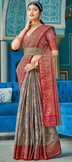 Black and Grey color Saree in Cotton, Linen fabric with Weaving work