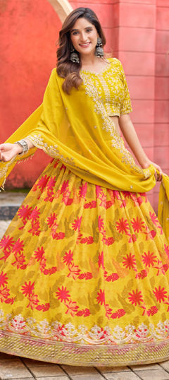 Yellow color Lehenga in Silk fabric with Embroidered, Printed work