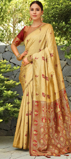 Beige and Brown color Saree in Blended, Silk fabric with Weaving work