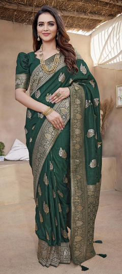 Green color Saree in Blended, Silk fabric with Weaving work