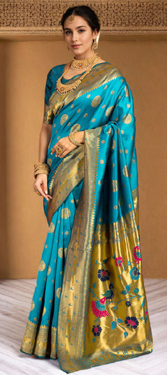 Green color Saree in Blended, Silk fabric with Weaving, Zari work