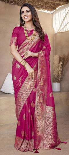Pink and Majenta color Saree in Blended, Silk fabric with Weaving work