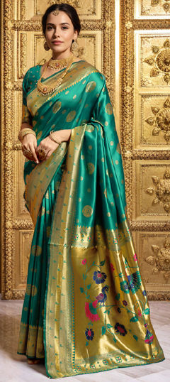 Green color Saree in Blended, Silk fabric with Weaving, Zari work