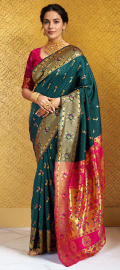 Green color Saree in Blended, Silk fabric with Weaving, Zari work
