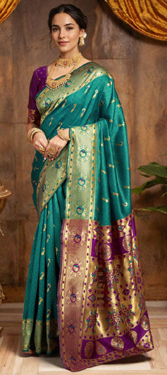 Green color Saree in Blended, Silk fabric with Weaving, Zari work