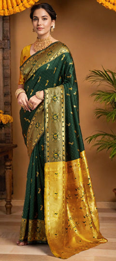 Green color Saree in Blended, Silk fabric with Weaving, Zari work