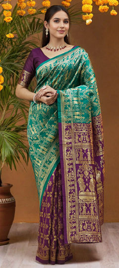 Green color Saree in Blended, Silk fabric with Weaving, Zari work