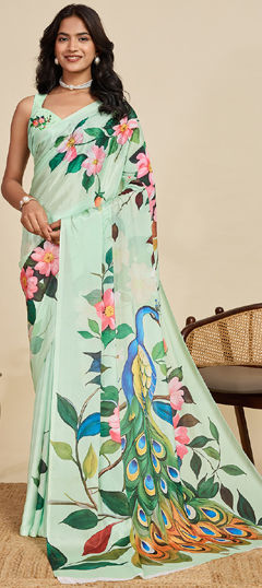 Green color Saree in Chinon Silk fabric with Floral, Printed work
