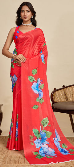 Red and Maroon color Saree in Chinon Silk fabric with Floral, Printed work