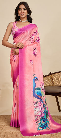 Pink and Majenta color Saree in Chinon Silk fabric with Floral, Printed work
