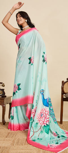 Blue color Saree in Chinon Silk fabric with Floral, Printed work