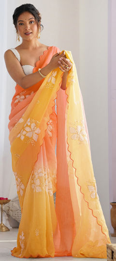 Orange color Saree in Crushed Silk fabric with Embroidered, Sequence, Thread work