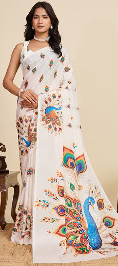 White and Off White color Saree in Chinon Silk fabric with Floral, Printed work