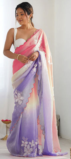 Purple and Violet color Saree in Crushed Silk fabric with Embroidered, Sequence, Thread work