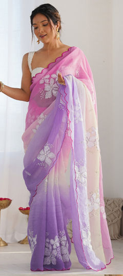 Purple and Violet color Saree in Crushed Silk fabric with Embroidered, Sequence, Thread work