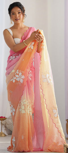 Orange color Saree in Crushed Silk fabric with Embroidered, Sequence, Thread work