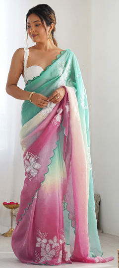 Blue color Saree in Crushed Silk fabric with Embroidered, Sequence, Thread work
