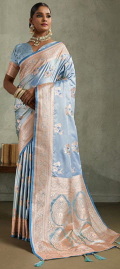 Black and Grey color Saree in Satin Silk fabric with Floral, Weaving, Zari work