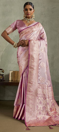 Pink and Majenta color Saree in Satin Silk fabric with Floral, Weaving, Zari work
