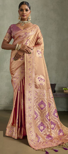 Beige and Brown color Saree in Satin Silk fabric with Floral, Weaving, Zari work