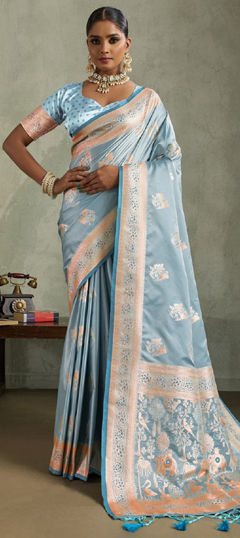 Black and Grey color Saree in Satin Silk fabric with Floral, Weaving, Zari work