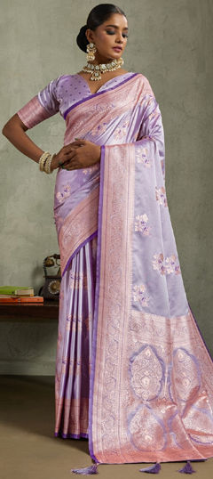 Purple and Violet color Saree in Satin Silk fabric with Floral, Weaving, Zari work