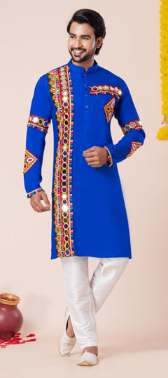 Blue color Kurta Pyjamas in Rayon fabric with Embroidered, Patch work