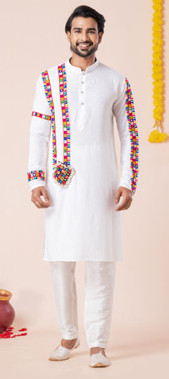 White and Off White color Kurta Pyjamas in Rayon fabric with Embroidered, Patch work